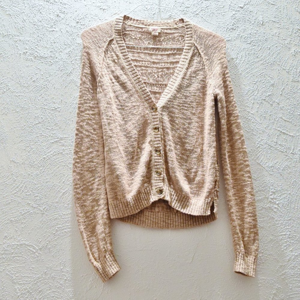 Beige Open Weave Marled Knit Button Up Cardigan | Size S